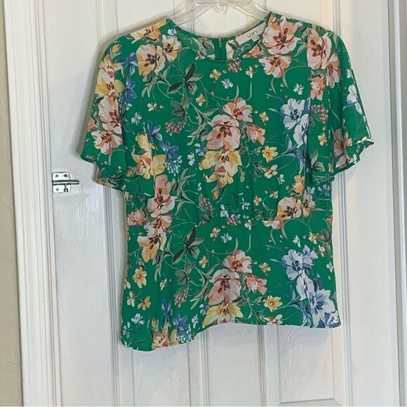 Loft Floral Peplum Top Round Neck Short Sleeves Green Women's Size 6 - Picture 6 of 13